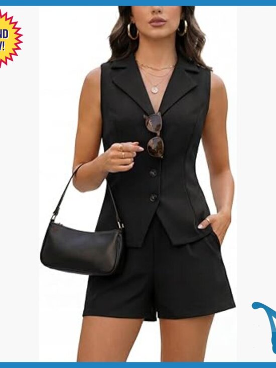 Pants - Sleeveless Vest Shorts Set Polyester Spandex Work Business Casual